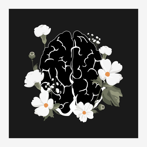 Cerveau et fleurs blanches, line art noir minimaliste — Toile sur châssis