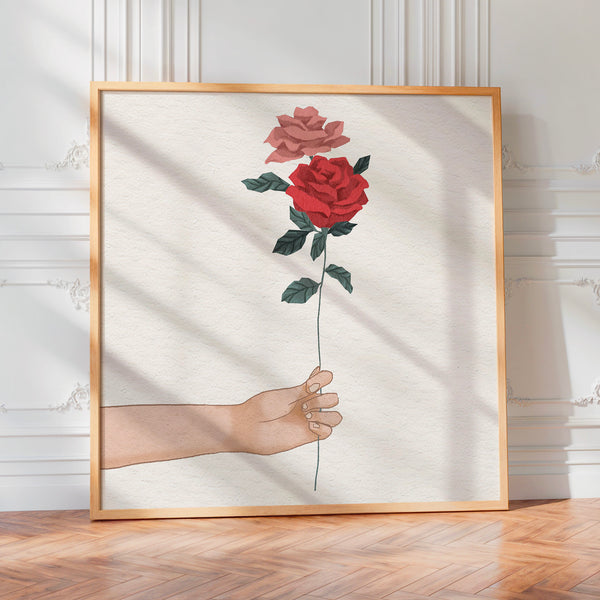 Main tenant une rose rouge et rose botanique — Poster HP mat