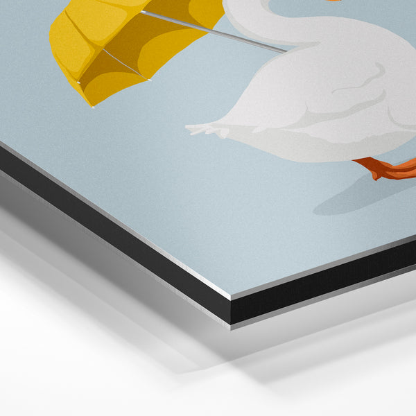 Oie blanche au parasol jaune, illustration minimaliste — Aluminium Dibond