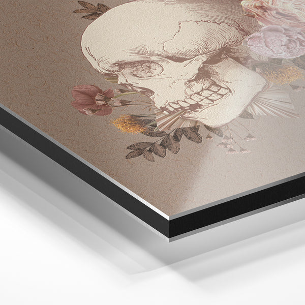 Crâne et Fleurs Rose - Line Art Minimaliste — Aluminium Dibond relief 3D