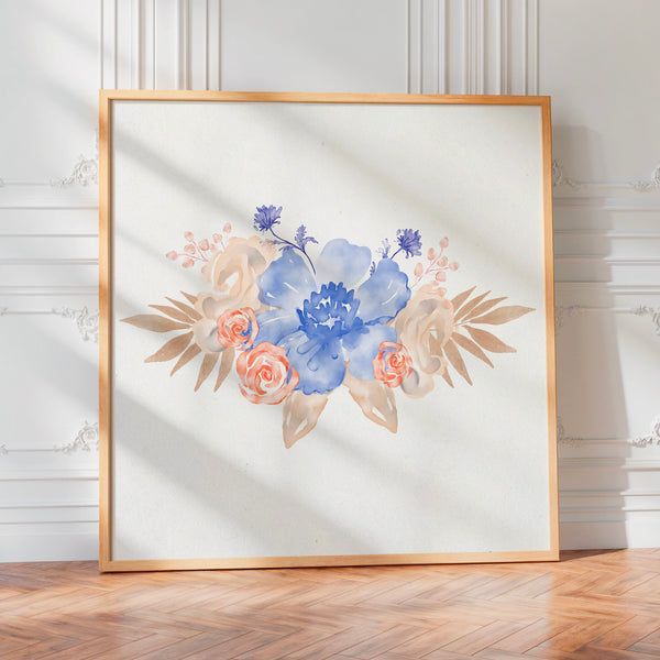 Bouquet bleu indigo et pêche, style botanique — Poster HP mat