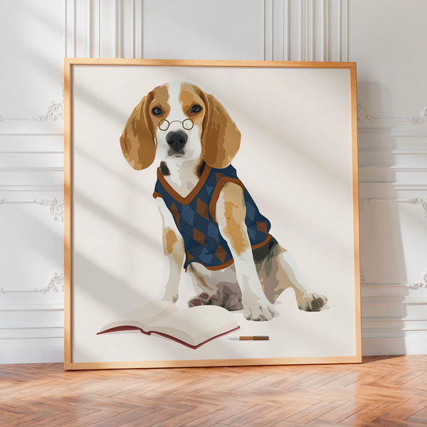 Beagle savant aux lunettes rondes et gilet carreaux — Poster HP mat