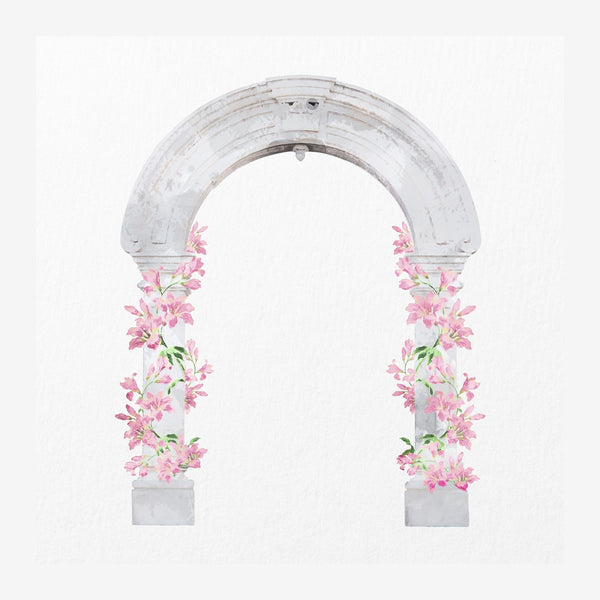 Arche blanche fleurs roses, style botanique minimaliste — Toile sur châssis