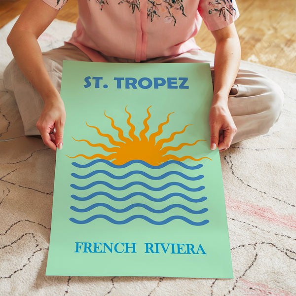 Saint-Tropez affiche rétro soleil et vagues — Poster HP mat