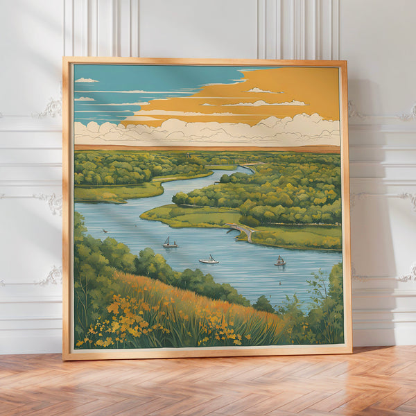 Rivière sinueuse, vallée verte et ciel d'or — Poster HP mat