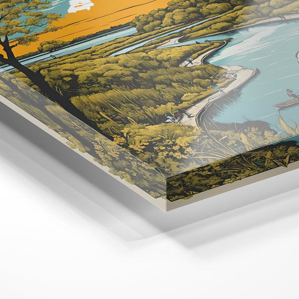 Rivière et prairies verdoyantes, style affiche vintage — Verre acrylique