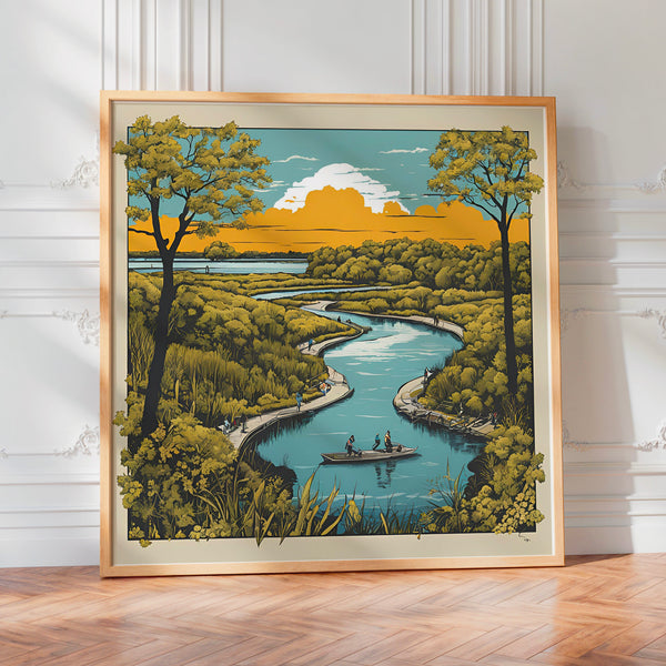 Rivière et prairies verdoyantes, style affiche vintage — Poster HP mat