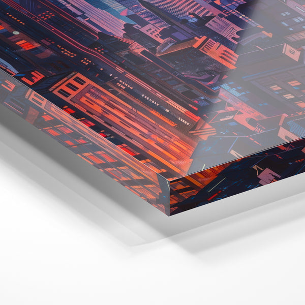 Skyline urbain bleu et orange, style rétrofuturiste — Verre acrylique