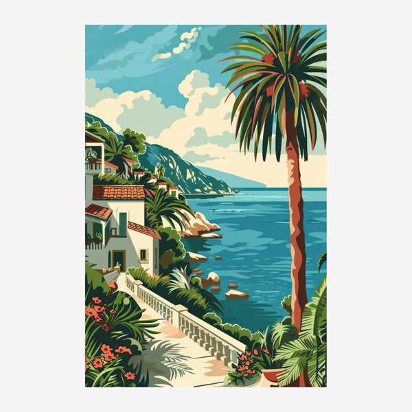 Villa côtière et palmier, affiche rétro bleu turquoise — Toile sur châssis