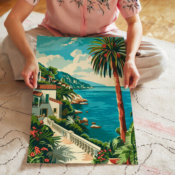 Villa côtière et palmier, affiche rétro bleu turquoise — Poster HP mat