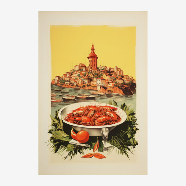 Pâtes terracotta et village côtier, affiche vintage — Toile sur châssis