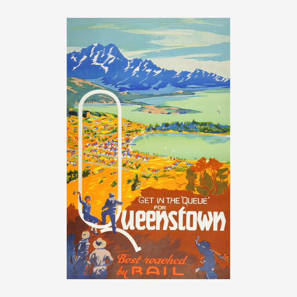 Affiche vintage Queenstown et montagnes bleues — Toile sur châssis
