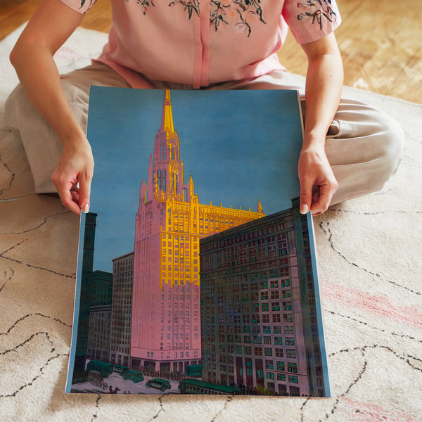 Chicago Temple, affiche vintage bleu indigo — Poster HP mat