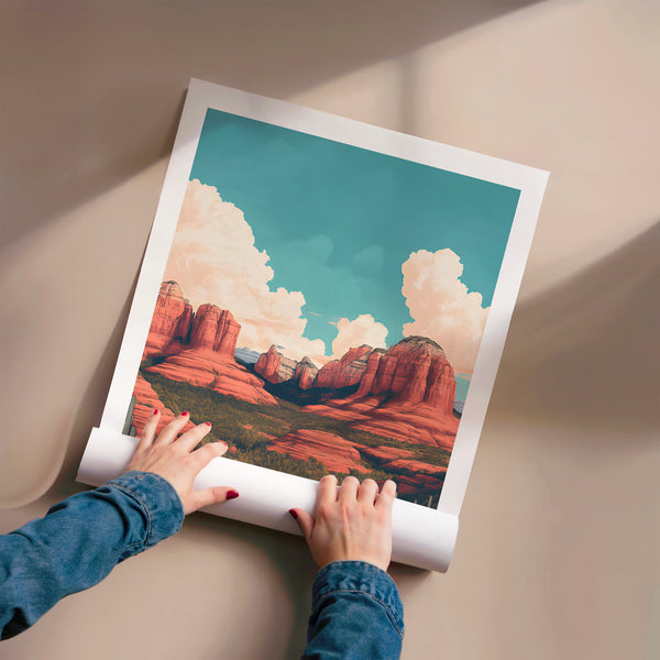 Affiche Sedona, montagnes rouge ocre et ciel turquoise — Poster HP mat