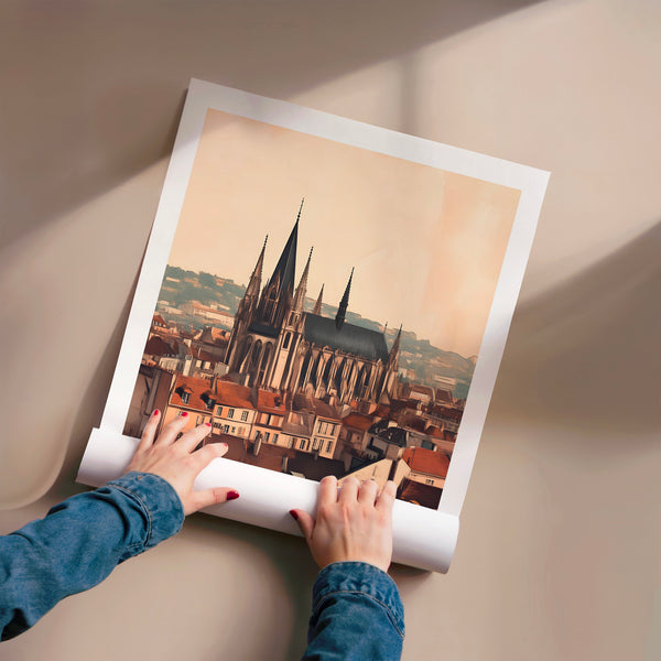 Dijon vintage : cathédrale et toits terracotta — Poster HP mat