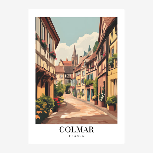 Rue médiévale à colombages, affiche voyage style vintage — Toile sur châssis