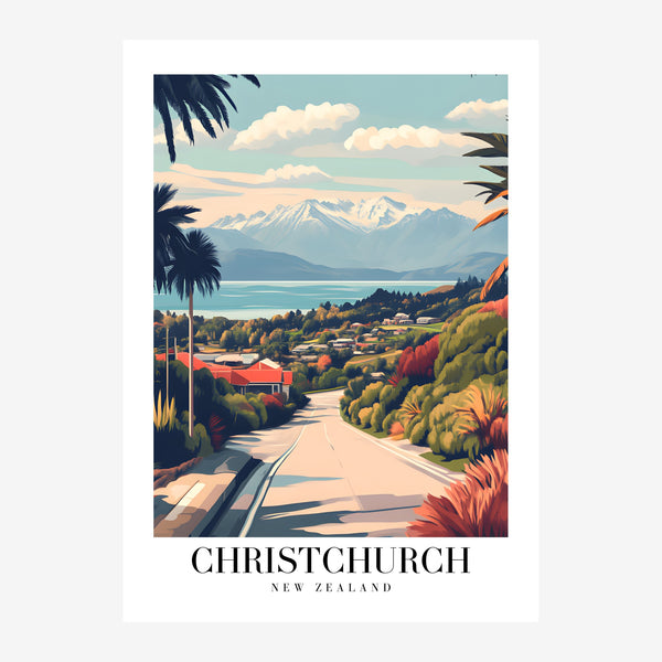 Affiche voyage Christchurch, vue vallée et montagne — Toile sur châssis