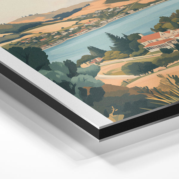 Affiche Dunedin, paysage côtier vintage art déco — Aluminium Dibond