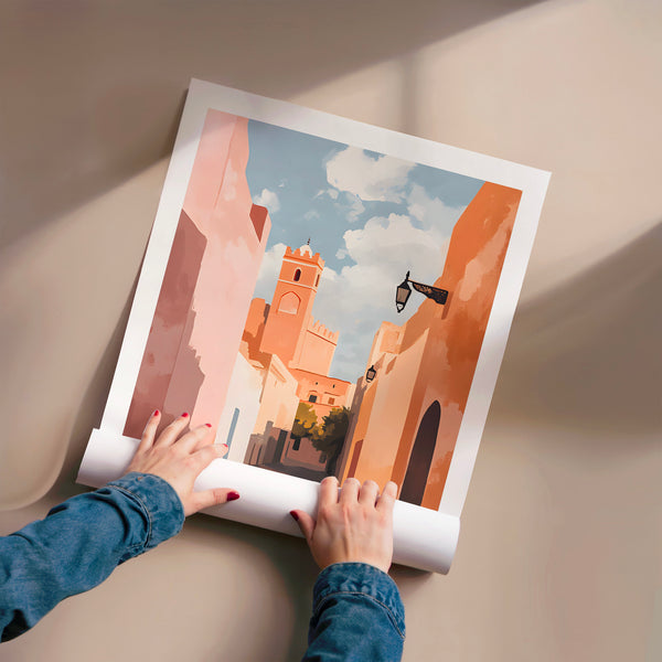 Ruelle de Fez, affiche terracotta et bleu — Poster HP mat