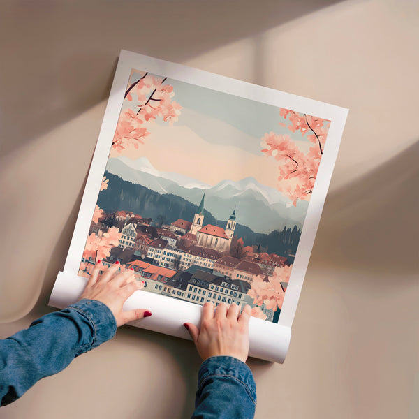 Bern au printemps, affiche de voyage rose et gris — Poster HP mat