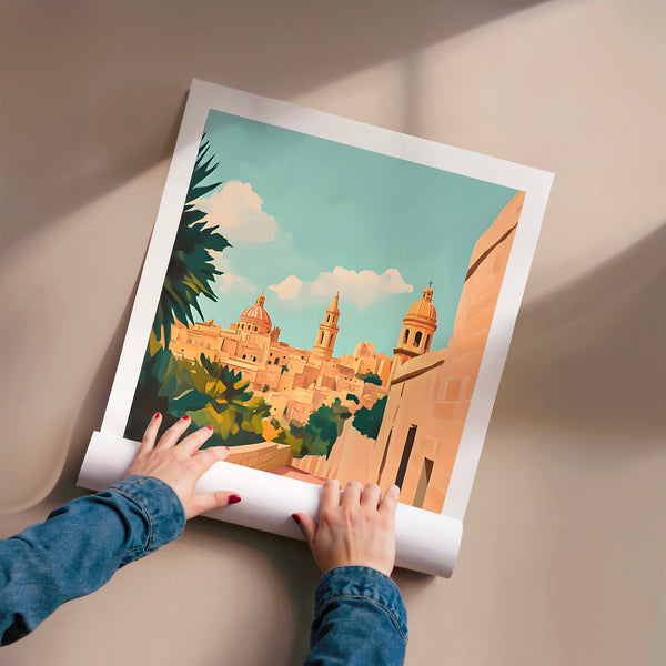Mdina, affiche de voyage terracotta et bleu — Poster HP mat