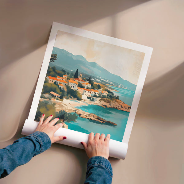 Crète, village côtier bleu et terracotta — Poster HP mat