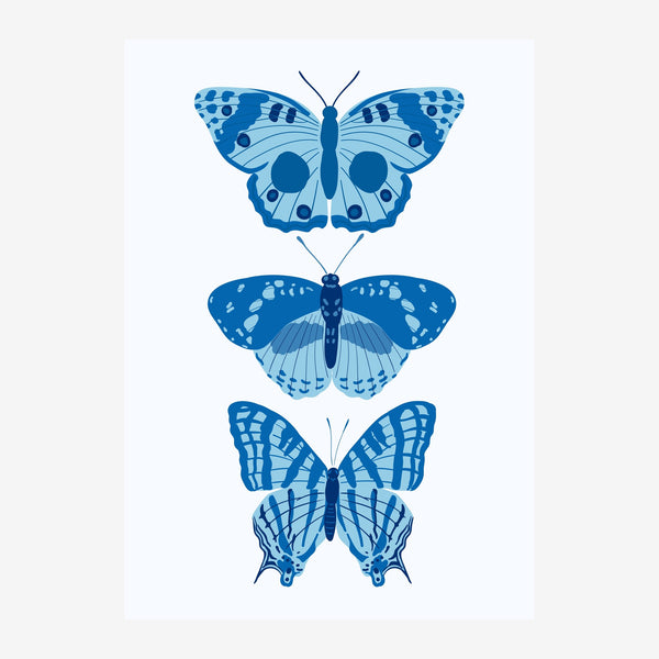 Trois papillons bleu indigo, style minimaliste — Toile sur châssis