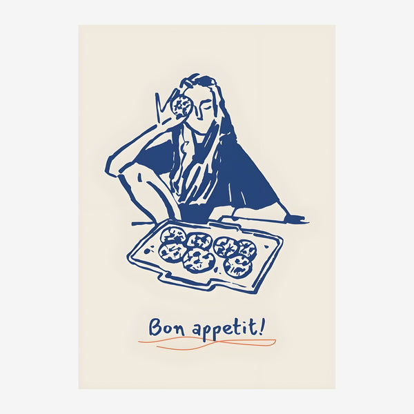 Bon appétit ! Affiche line art bleu et beige — Toile sur châssis