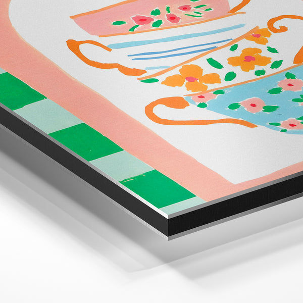 Trois tasses de thé fleuri, style pop art — Aluminium Dibond