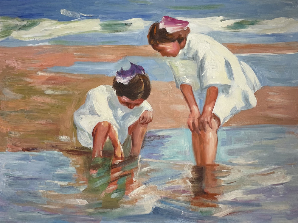 Jeunes Filles Jouant dans les Vagues par Edward Potthast - Reproduction Peinture à l'Huile