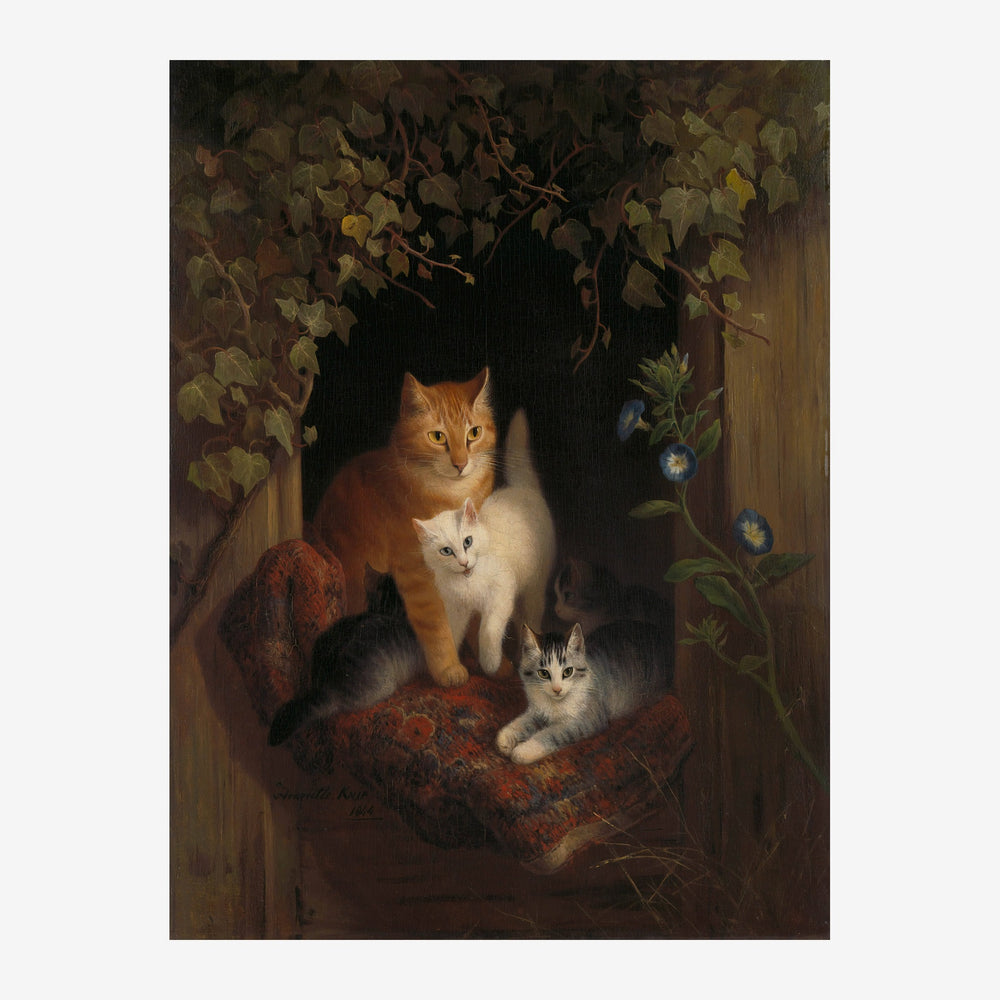 Trois chatons réunis sous un feuillage : un chaton roux et deux chatons blancs et gris assis sur une couverture rouge.