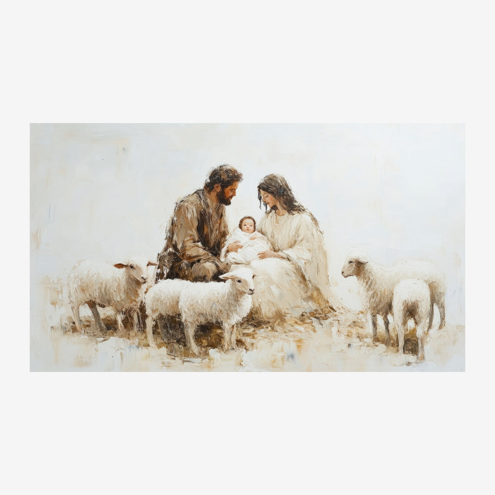 Aquarelle représentant un homme et une femme vêtus de robes claires se penchant sur un nouveau-né, entourés de plusieurs.