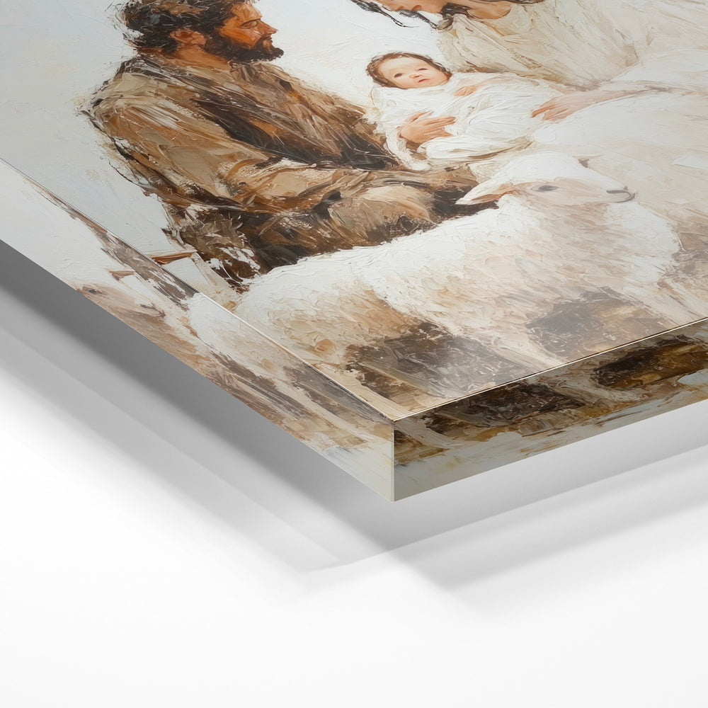 Gros plan de la matière : le tirage sous verre acrylique, tranche transparente visible.