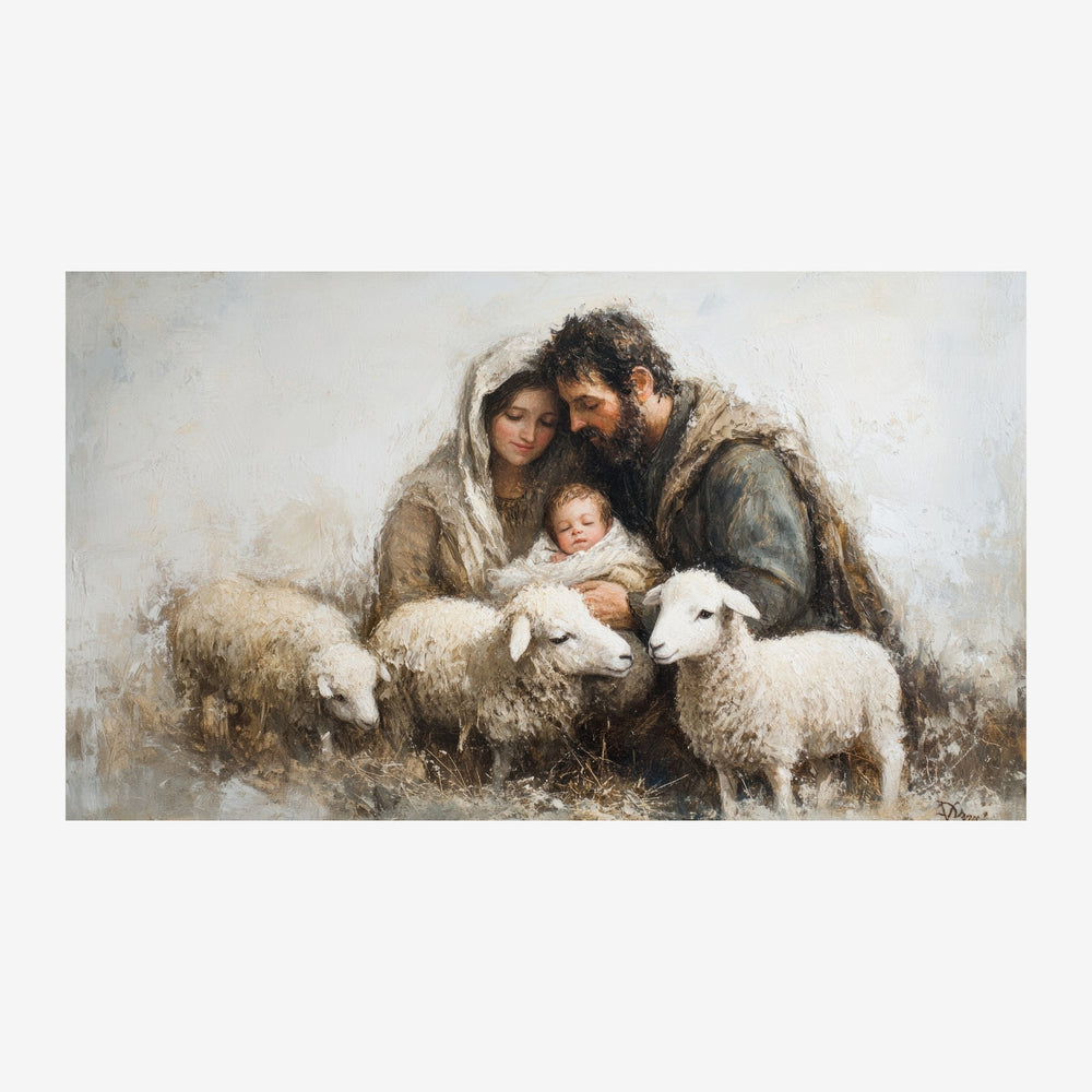 Un homme barbu et une femme voilée tiennent un enfant entouré d'agneaux blancs, dans une palette de teintes ocre et beige.