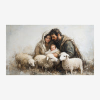 Un homme barbu et une femme voilée tiennent un enfant entouré d'agneaux blancs, dans une palette de teintes ocre et beige.