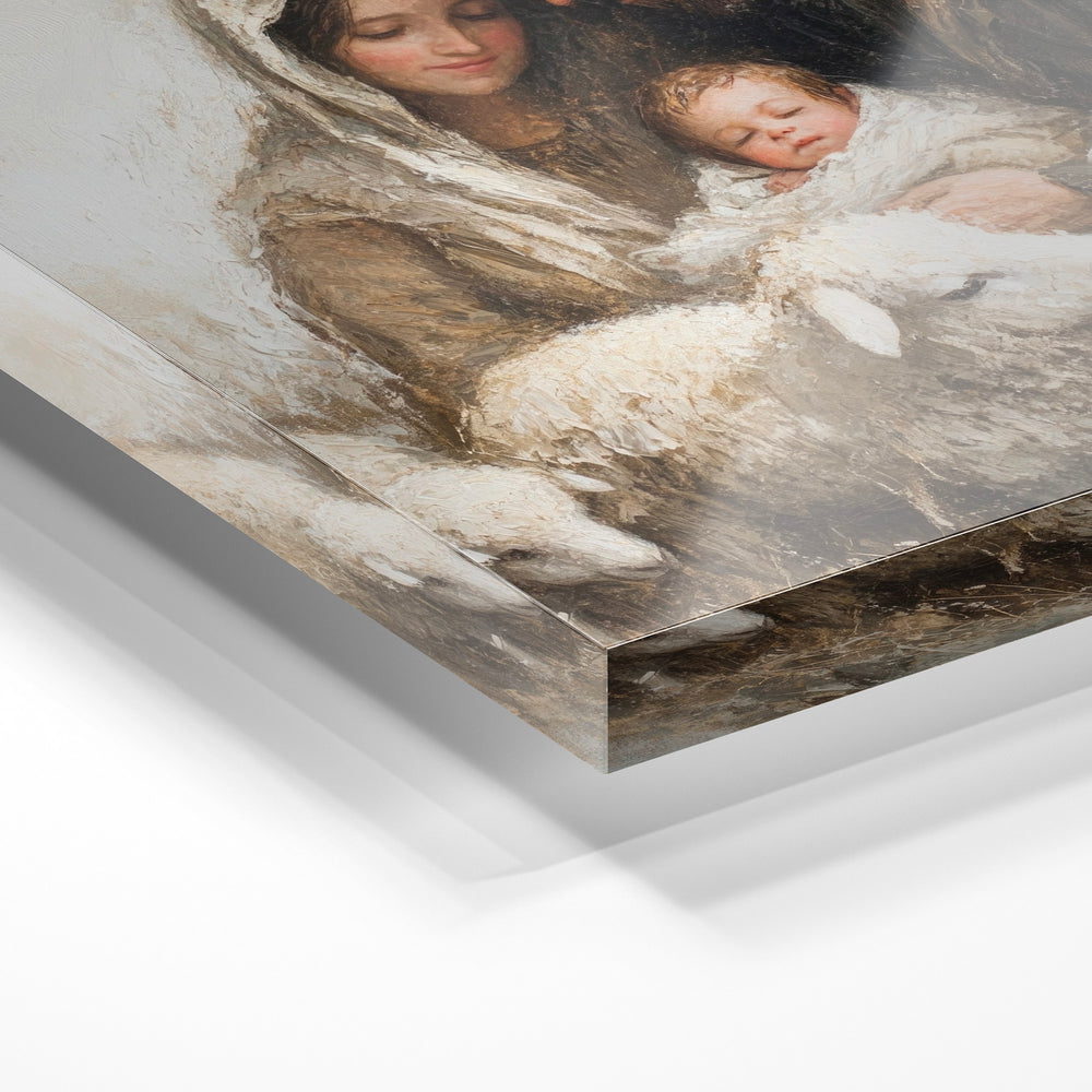 Gros plan de la matière : le tirage sous verre acrylique, tranche transparente visible.