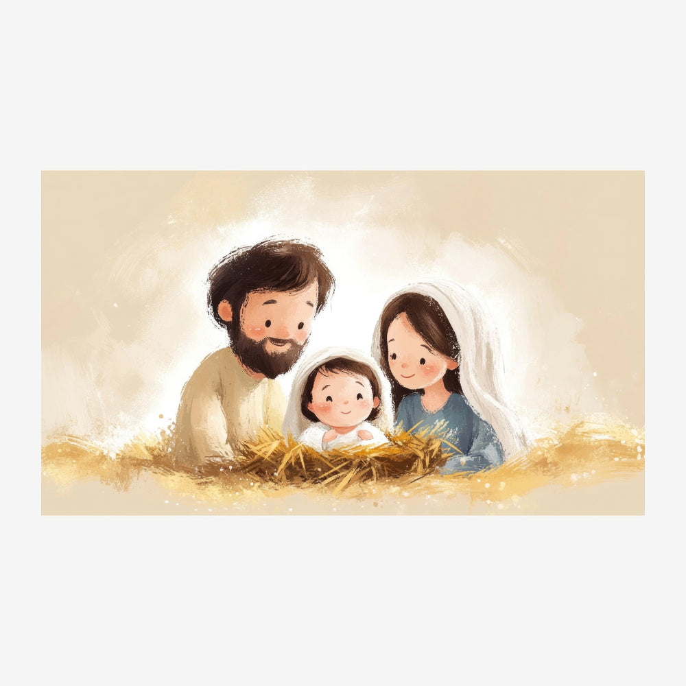 Trois personnages aux traits doux, penchés autour d'une crèche de paille dans une atmosphère lumineuse aux tons or et beige.