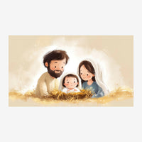 Trois personnages aux traits doux, penchés autour d'une crèche de paille dans une atmosphère lumineuse aux tons or et beige.