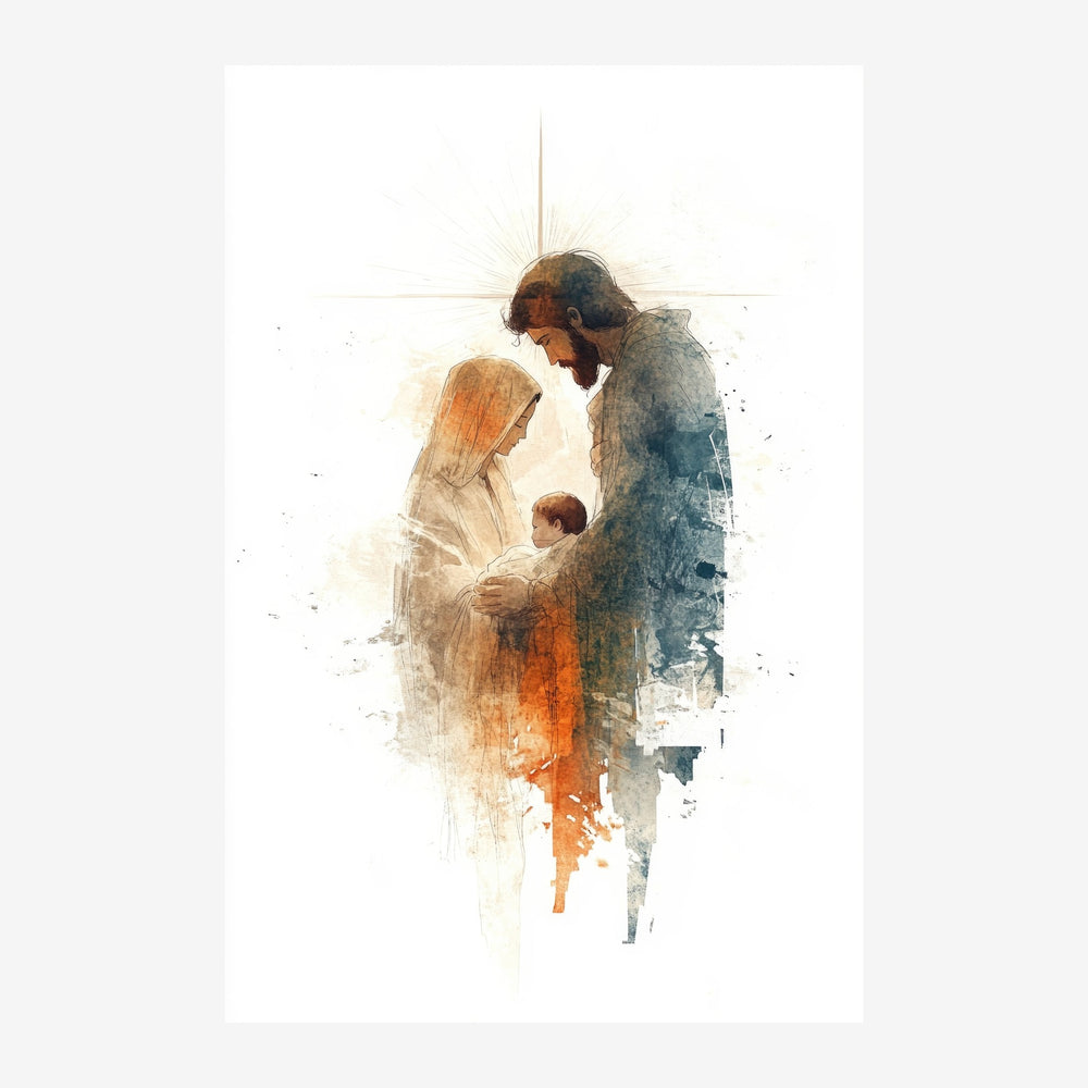 Aquarelle représentant trois figures humaines, dont une enfant au centre, baignées dans des tons ocre et bleu gris, avec une.