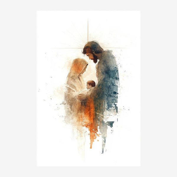 Aquarelle représentant trois figures humaines, dont une enfant au centre, baignées dans des tons ocre et bleu gris, avec une.