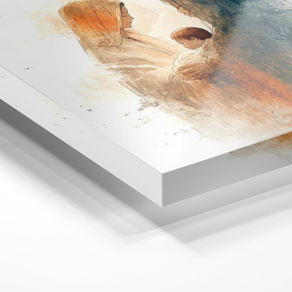 Gros plan de la matière : le tirage sous verre acrylique, tranche transparente visible.