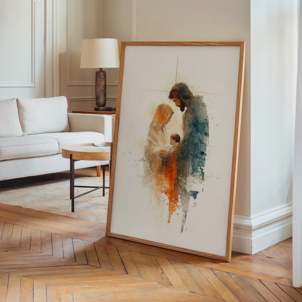 Le tableau accroché en situation dans un intérieur meublé.