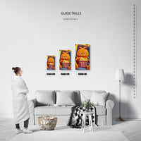 Guide des tailles : le tirage présenté dans ses 3 formats de vente, à l'échelle réelle sur un mur de salon, avec une règle en centimètres.