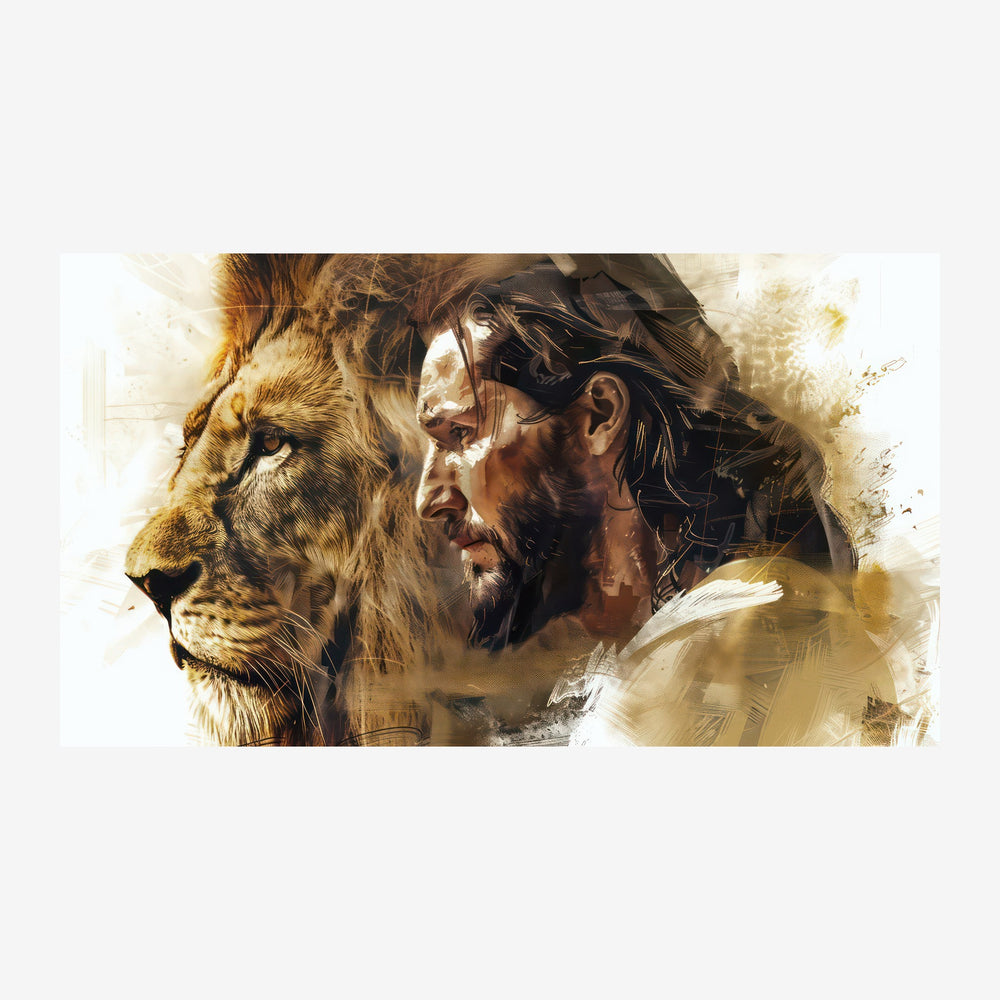 Double portrait en aquarelle : profil d'un lion aux yeux intenses et profil d'un homme aux cheveux longs se superposant, aux.