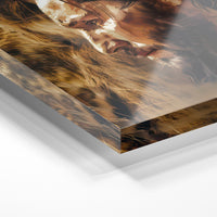 Gros plan de la matière : le tirage sous verre acrylique, tranche transparente visible.