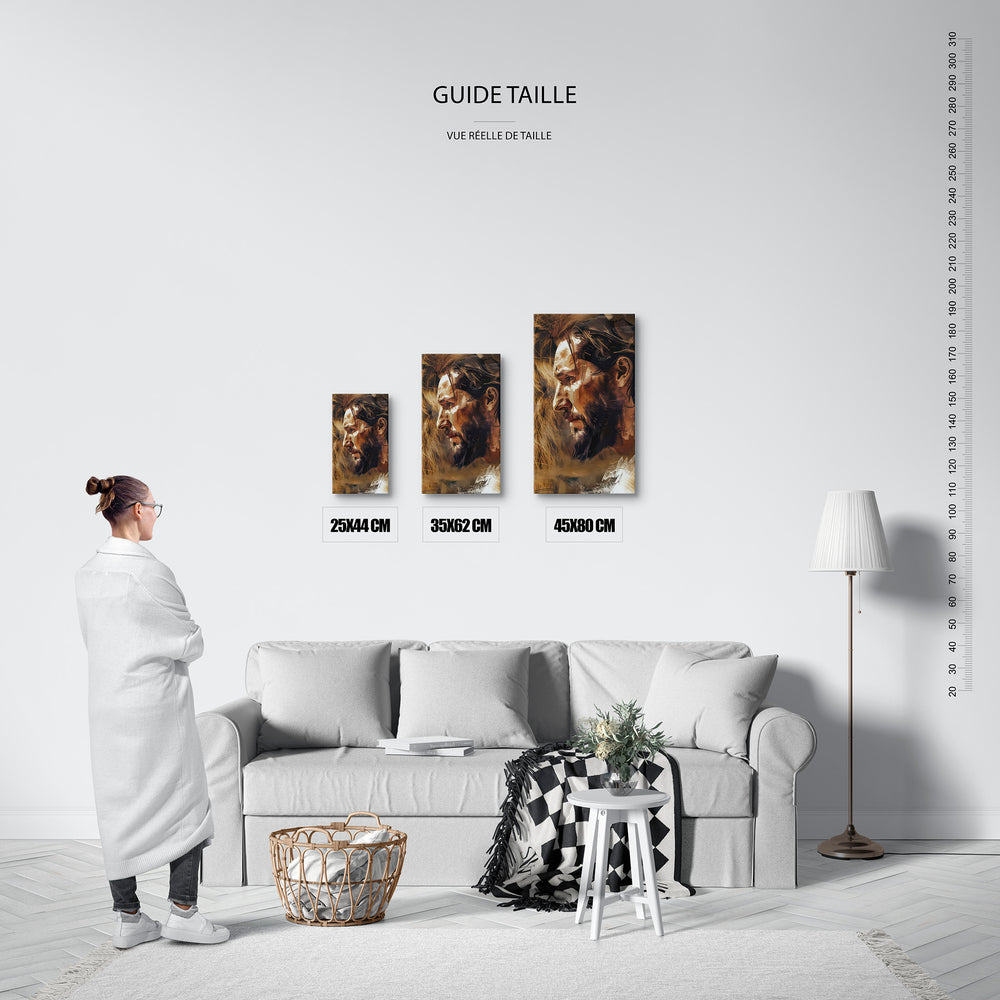 Guide des tailles : le tirage présenté dans ses 3 formats de vente, à l'échelle réelle sur un mur de salon, avec une règle en centimètres.