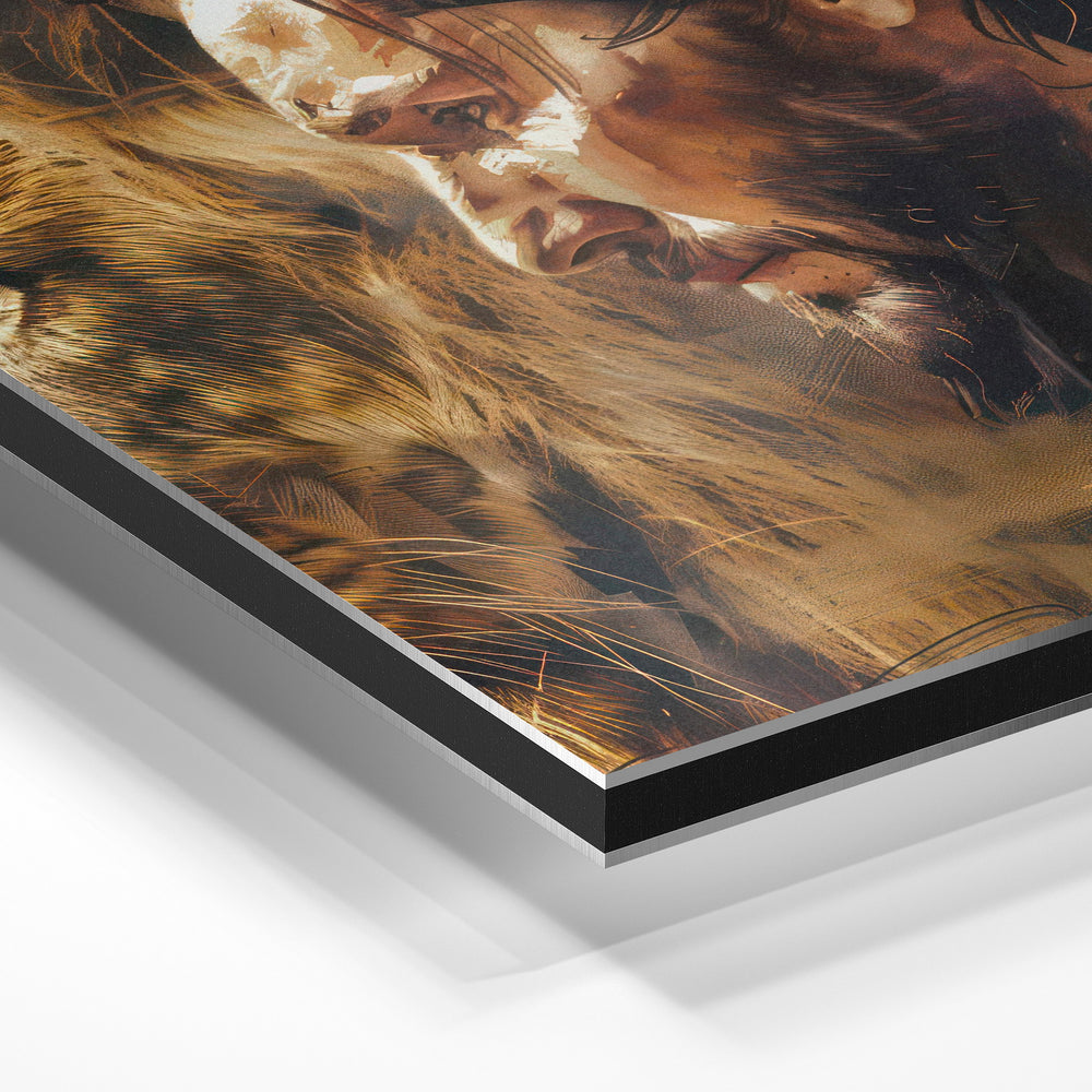 Gros plan de la matière : le tirage contrecollé sur aluminium Dibond mat, tranche visible.