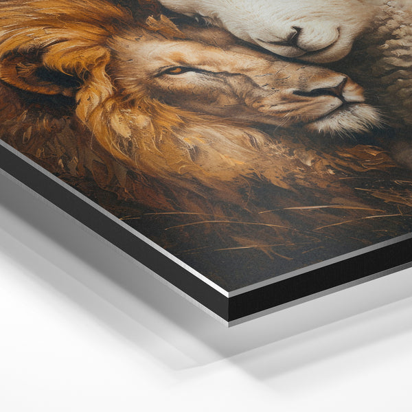 Lion et agneau en harmonie, poésie animalière — Aluminium Dibond