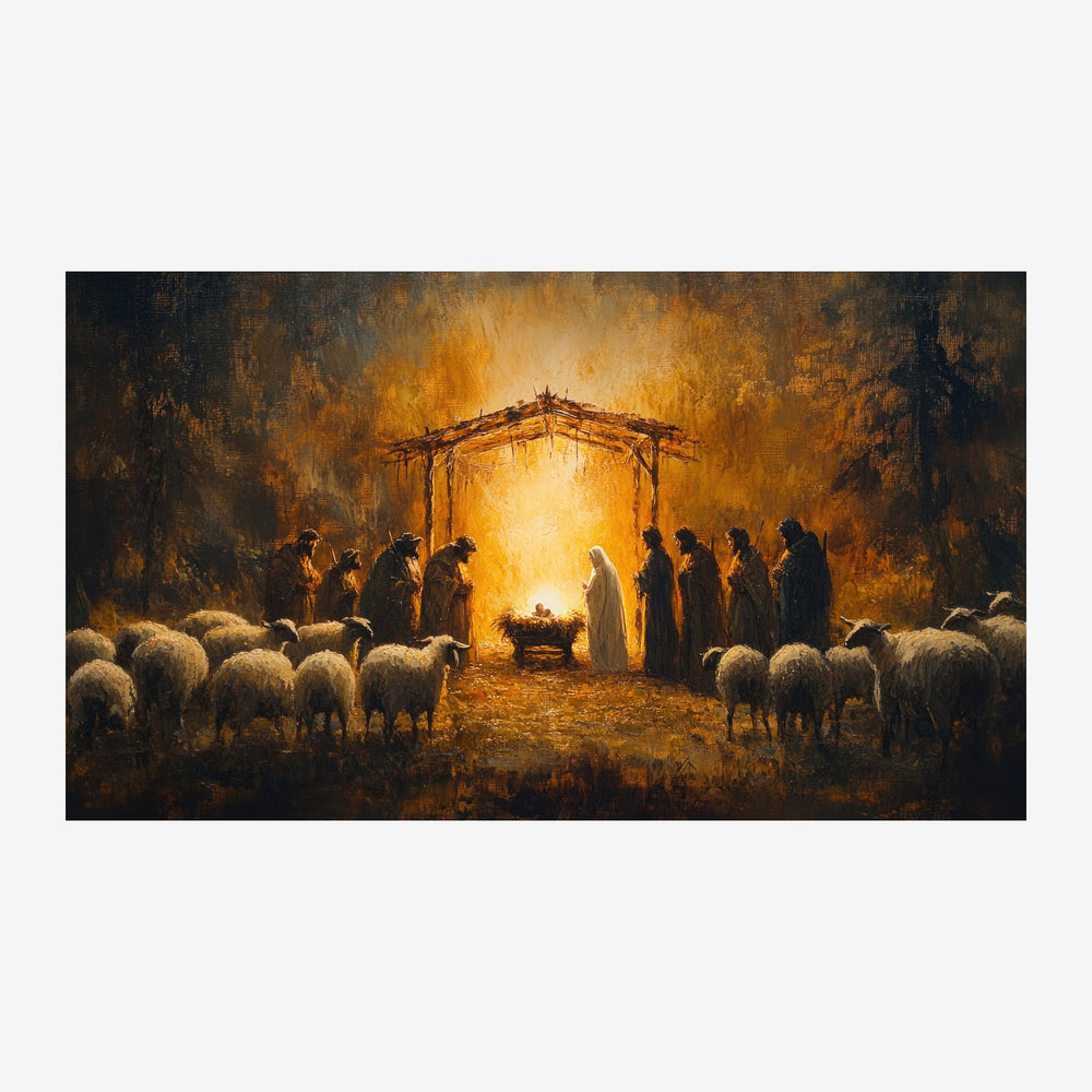 Scène de nativité en clair-obscur : une crèche illuminée au centre d'une étable, entourée de bergers et de moutons, baignée.