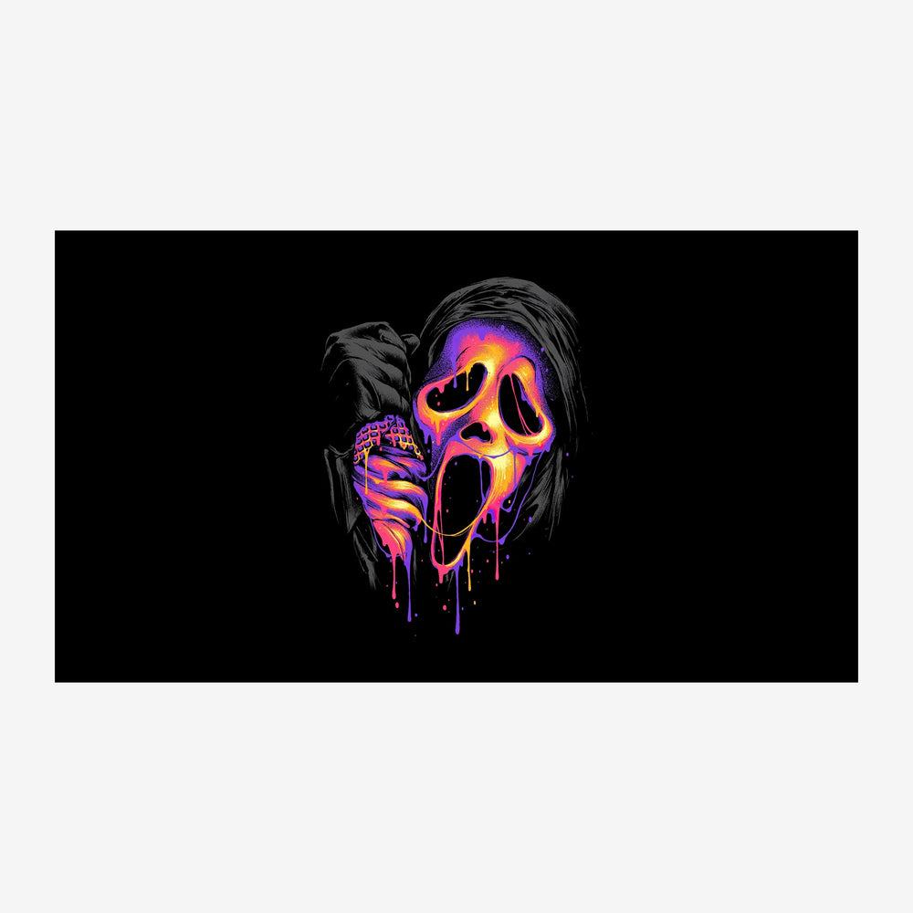Un masque stylisé aux traits exagérés, illuminé de couleurs néon rose, orange et violet, avec des dégoulinures fluorescentes.